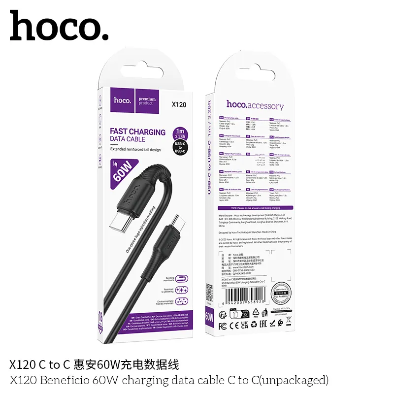 acb5a70648d4b8198a18af29110189ae.jpg_960x960q80.jpg_ Hoco X120 60W Beneficio Type-C to Type-C 1m 60Watt Cable 60W Cable PD Cable USB C to C Cable Type C to Type C Cable 1Meter Black All Smartphone - Image 1