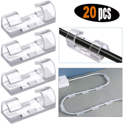 20 Pcs Transparent Self-Adhesive Cable Clips & Wire Organizer – Strong Sticky Desktop Cable Holder for USB, Charging, Data, LAN & Earphone Wires Home, Office & Workspace Cable Management Solution