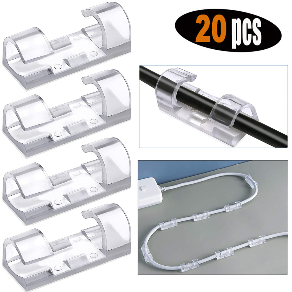 cb268601b32c23c3f1ce5ca4dae235eb 20 Pcs Transparent Self-Adhesive Cable Clips & Wire Organizer – Strong Sticky Desktop Cable Holder for USB, Charging, Data, LAN & Earphone Wires Home, Office & Workspace Cable Management Solution - Image 1